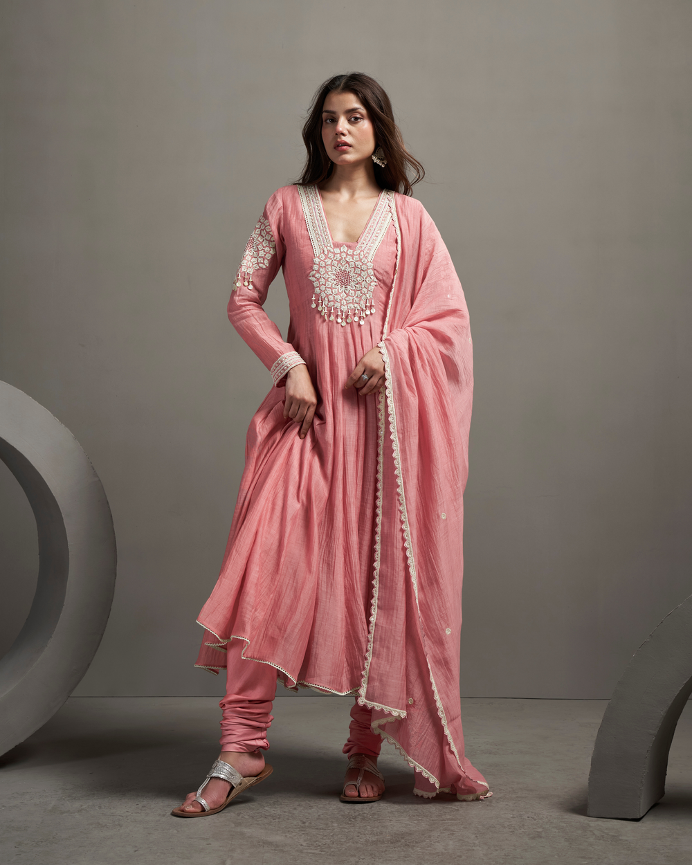 Regal Rose Malai Chanderi Anarkali Set