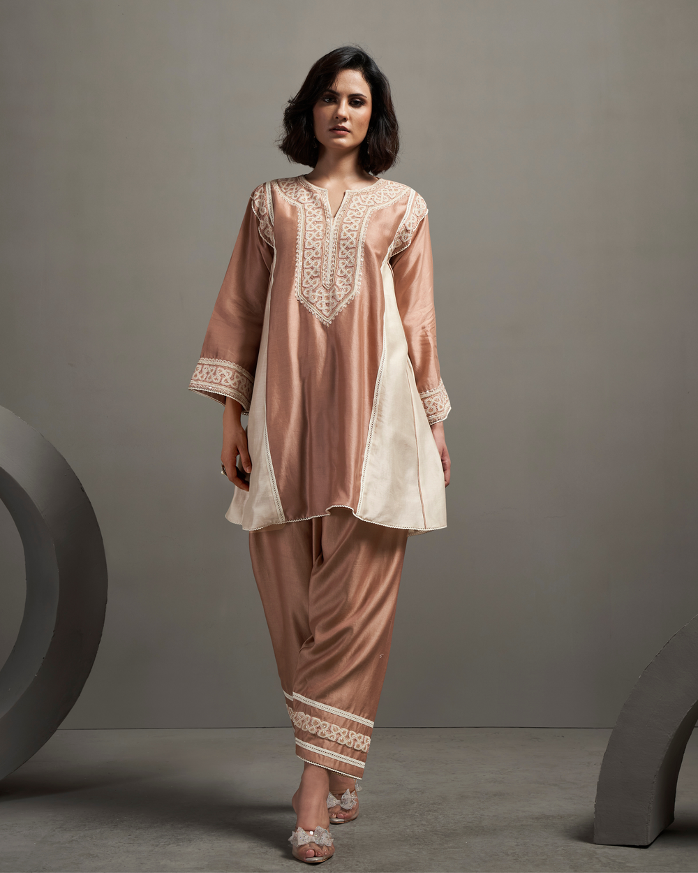 Nude Pearl Chanderi Silk Kurta Set