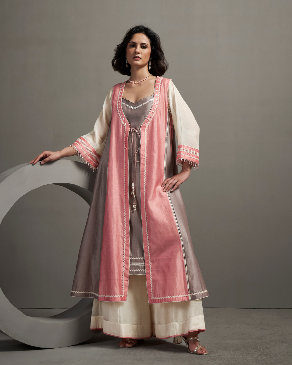 Pearl Peach Chanderi Silk Jacket Suit Set