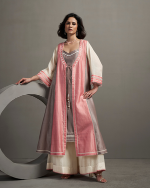 Pearl Peach Chanderi Silk Jacket Suit Set