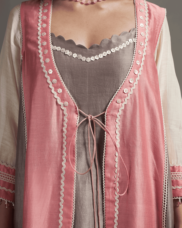 Pearl Peach Chanderi Silk Jacket Suit Set