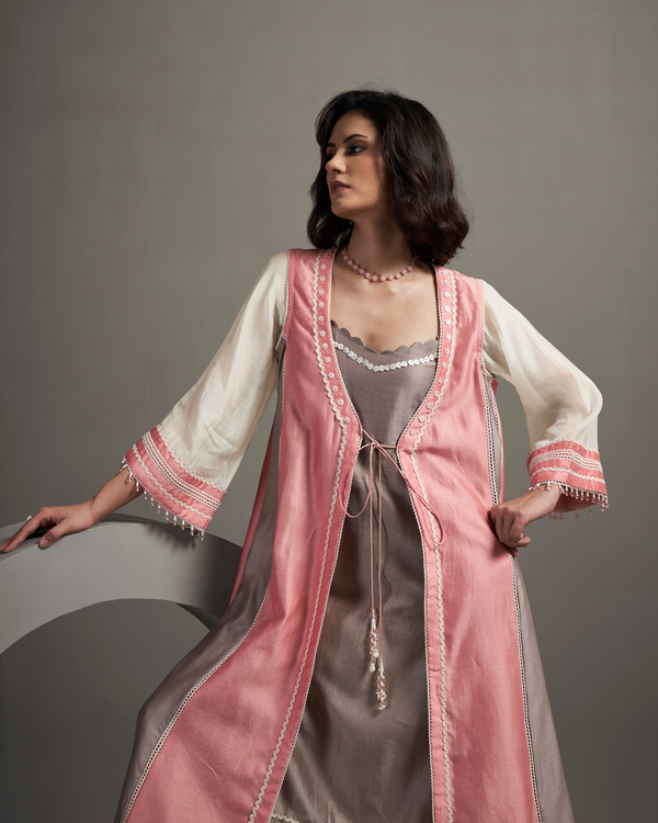 Pearl Peach Chanderi Silk Jacket Suit Set