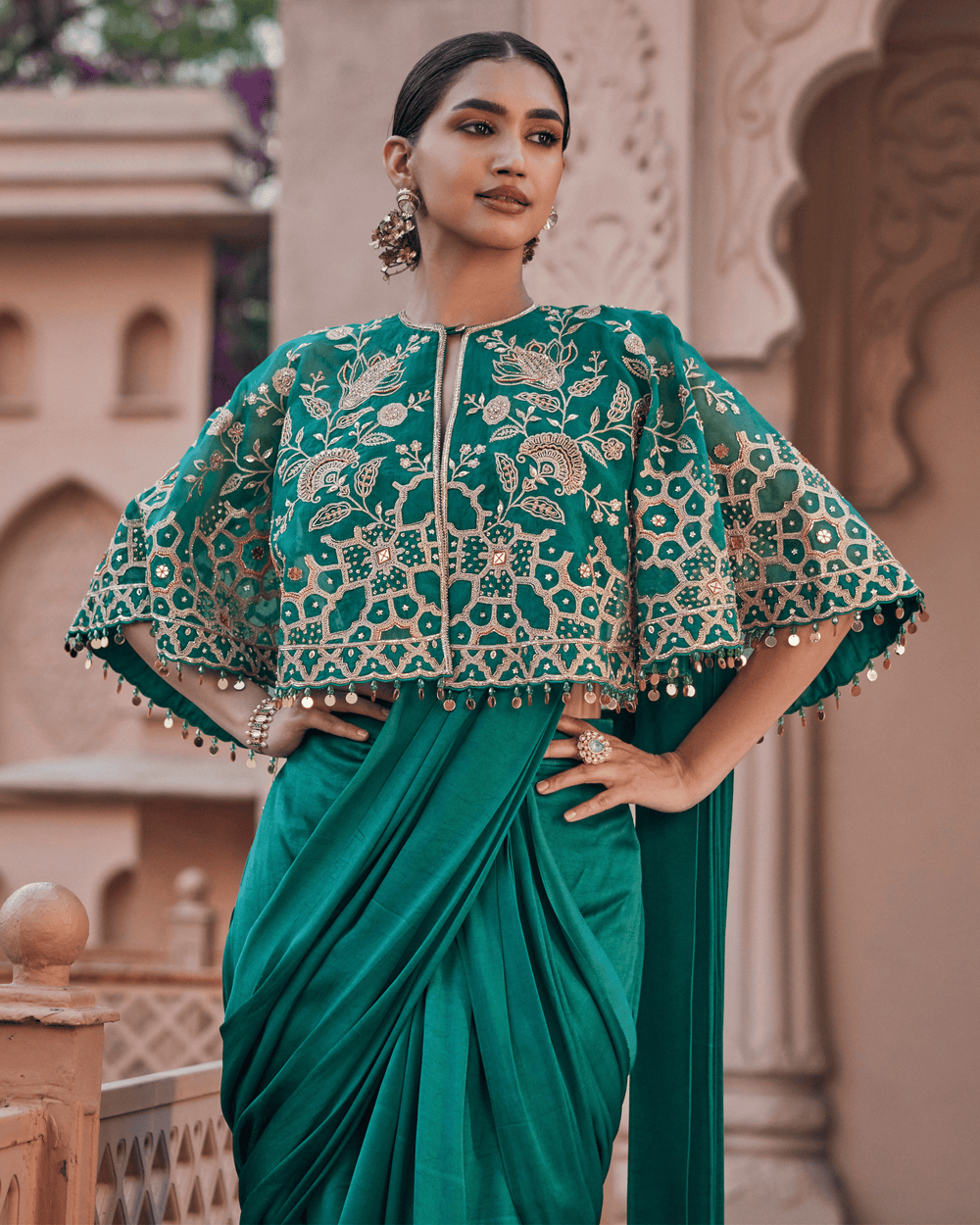 Sea Deep Green Satin Silk Drape Saree