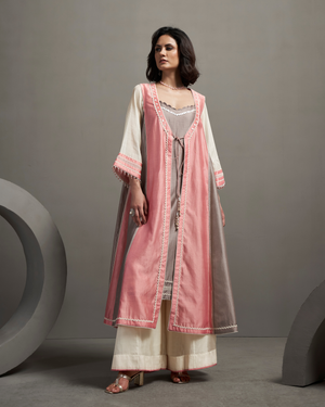 Pearl Peach Chanderi Silk Jacket Suit Set