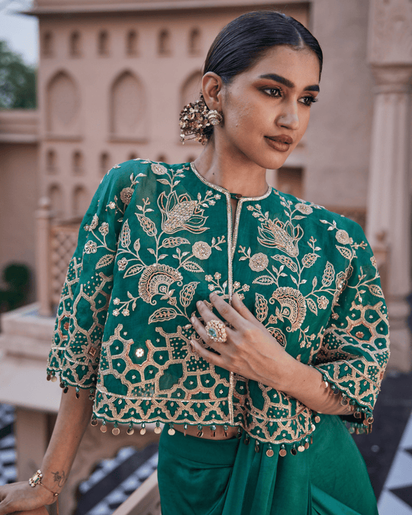 Sea Deep Green Satin Silk Drape Saree