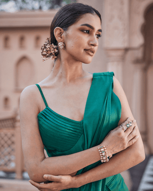 Sea Deep Green Satin Silk Drape Saree