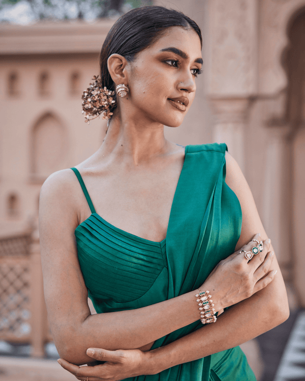 Sea Deep Green Satin Silk Drape Saree