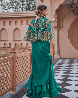 Sea Deep Green Satin Silk Drape Saree