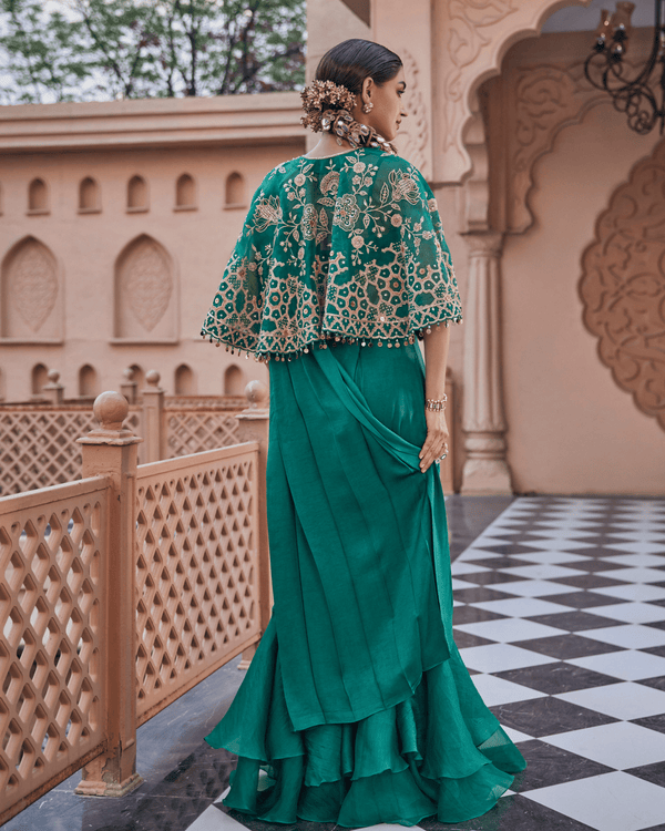 Sea Deep Green Satin Silk Drape Saree