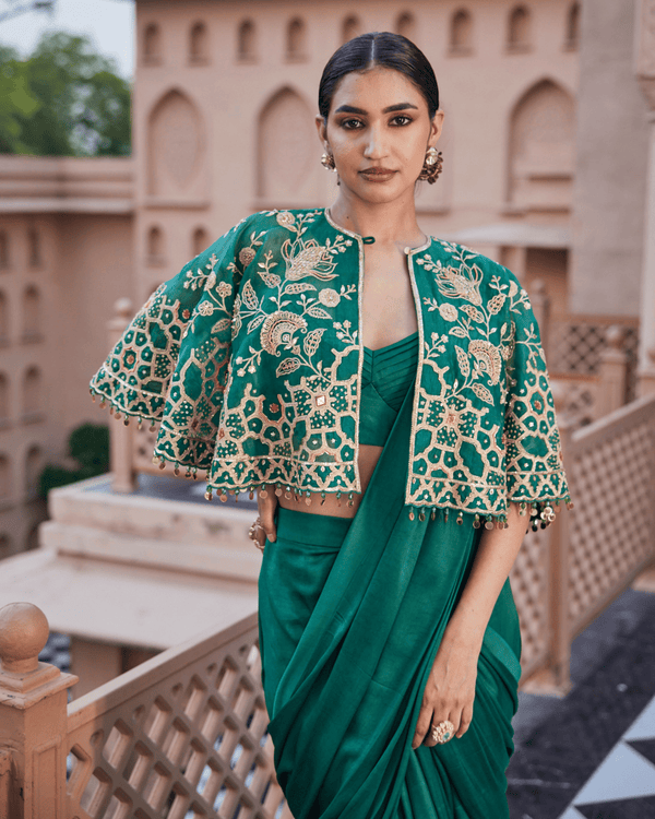 Sea Deep Green Satin Silk Drape Saree