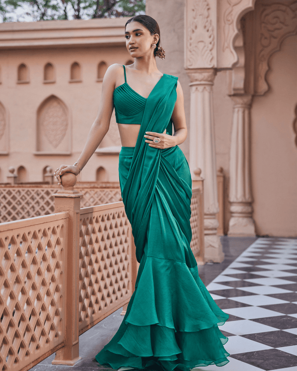 Sea Deep Green Satin Silk Drape Saree