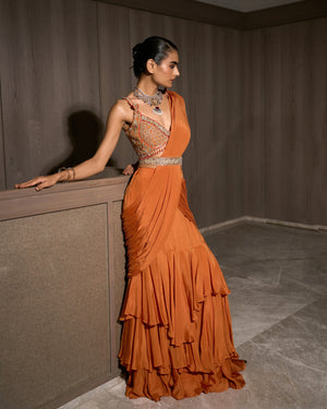 Copper Orange Pre-draped Chiffon Saree