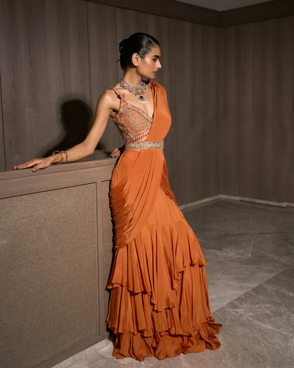 Copper Orange Pre-draped Chiffon Saree