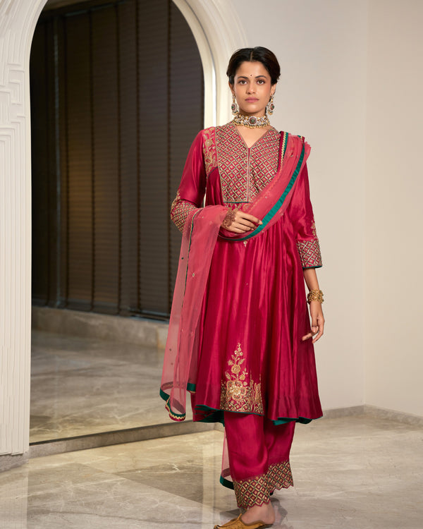 Hot Pink Embroidered Chanderi Suit Set