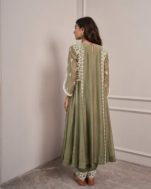 Olive Keyhole Embroidered Kurta Set