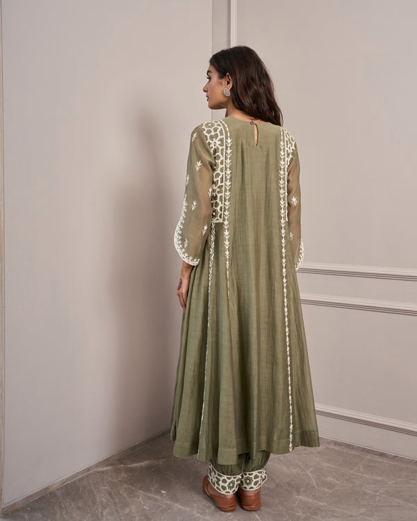 Olive Keyhole Embroidered Kurta Set