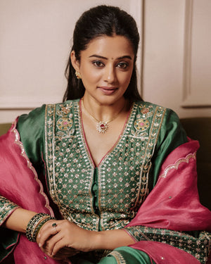 Priyamani Raj In Mahogany Green Chanderi Silk Set
