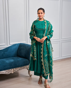 Emerald Pleated Malai Chanderi Anarkali Set