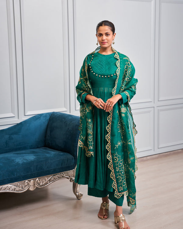 Emerald Pleated Malai Chanderi Anarkali Set