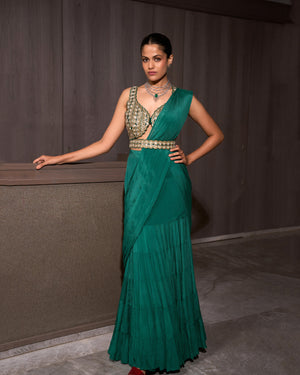 Teal Pre-draped Chiffon Saree