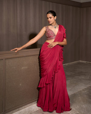 Flamingo Pink Pre-draped Chiffon Saree