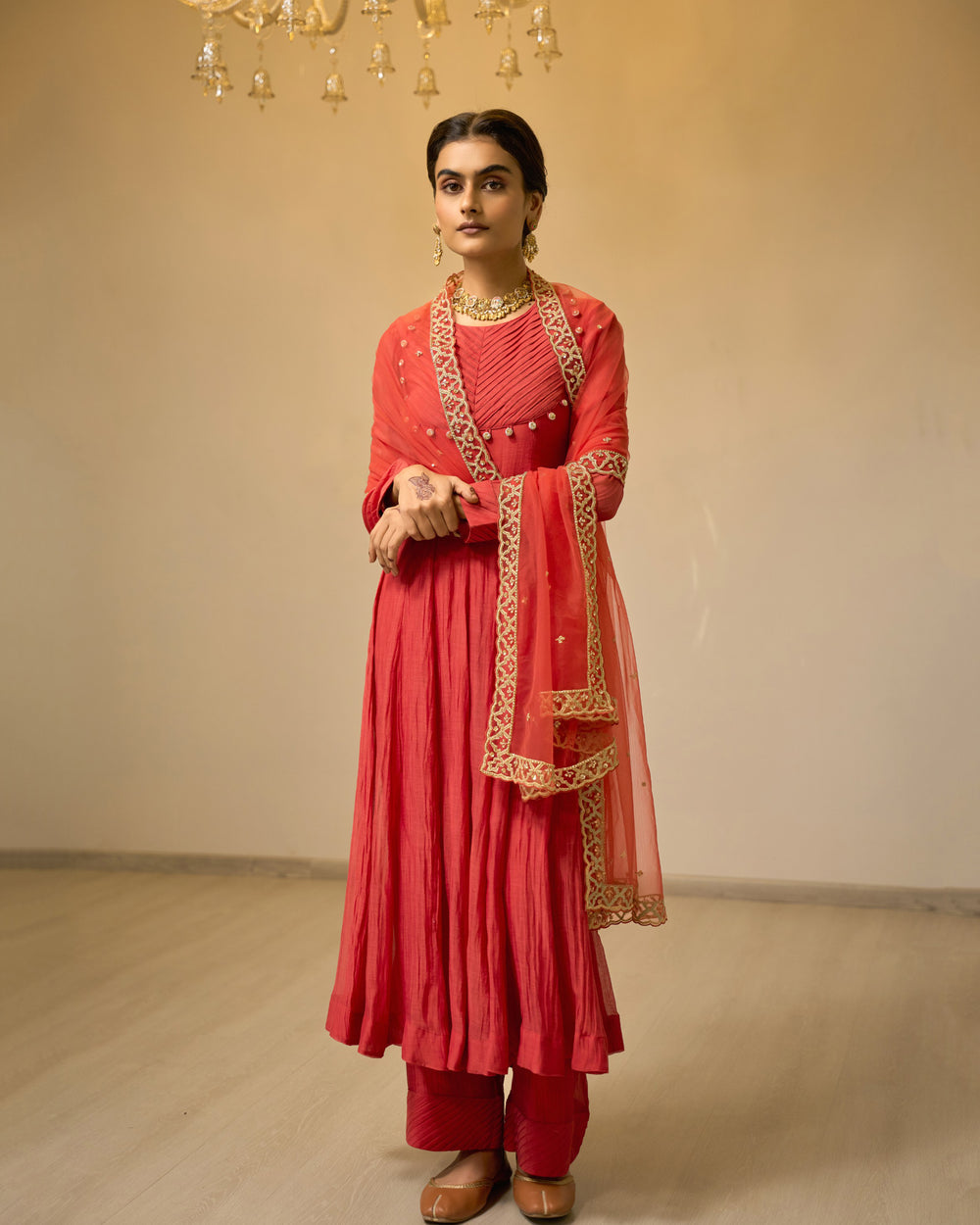 Crimson Pleated Chanderi Anarkali Set
