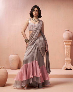 Misty Grey Satin Chiffon Organza Silk Drape Saree