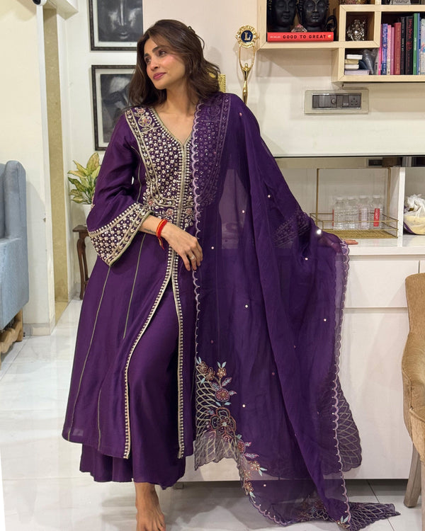 Daisy Shah In Plum Bell Sleeve Heavy Work Chanderi Silk Set