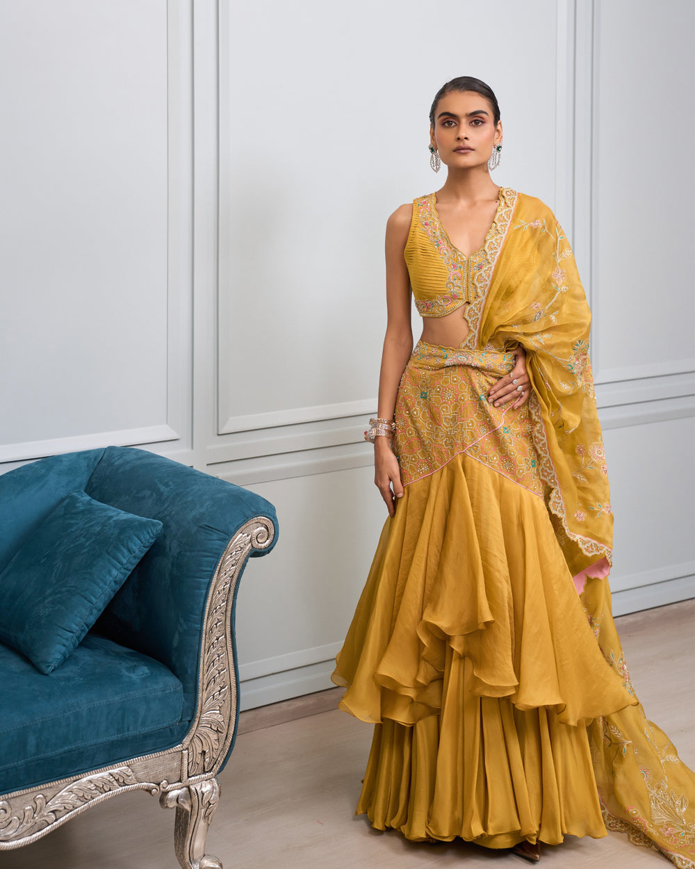 Marigold Ruffled Chiffon Saree