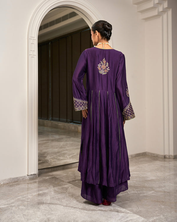 Plum Bell Sleeve Heavywork Kurta Set
