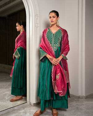 Mahogany Green Chanderi Suit Set