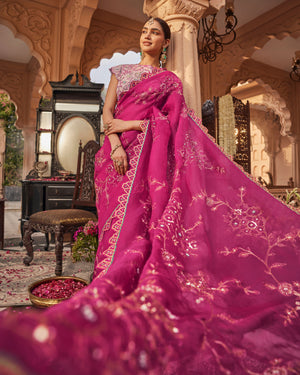 Crimson Pink Organza Silk Saree