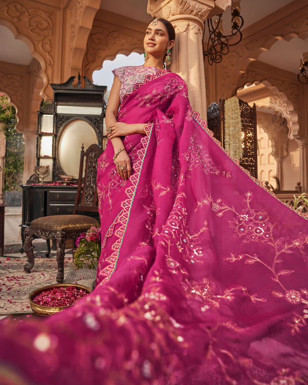 Crimson Pink Organza Silk Saree