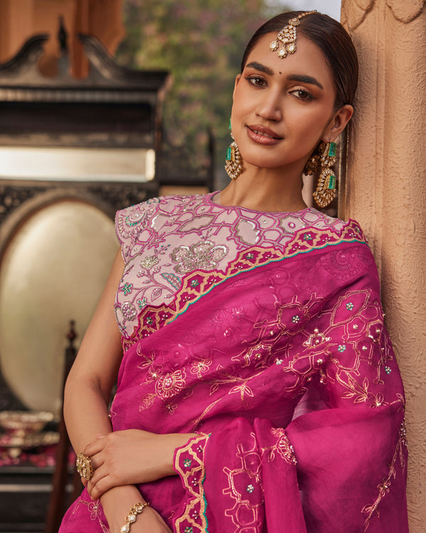 Crimson Pink Organza Silk Saree