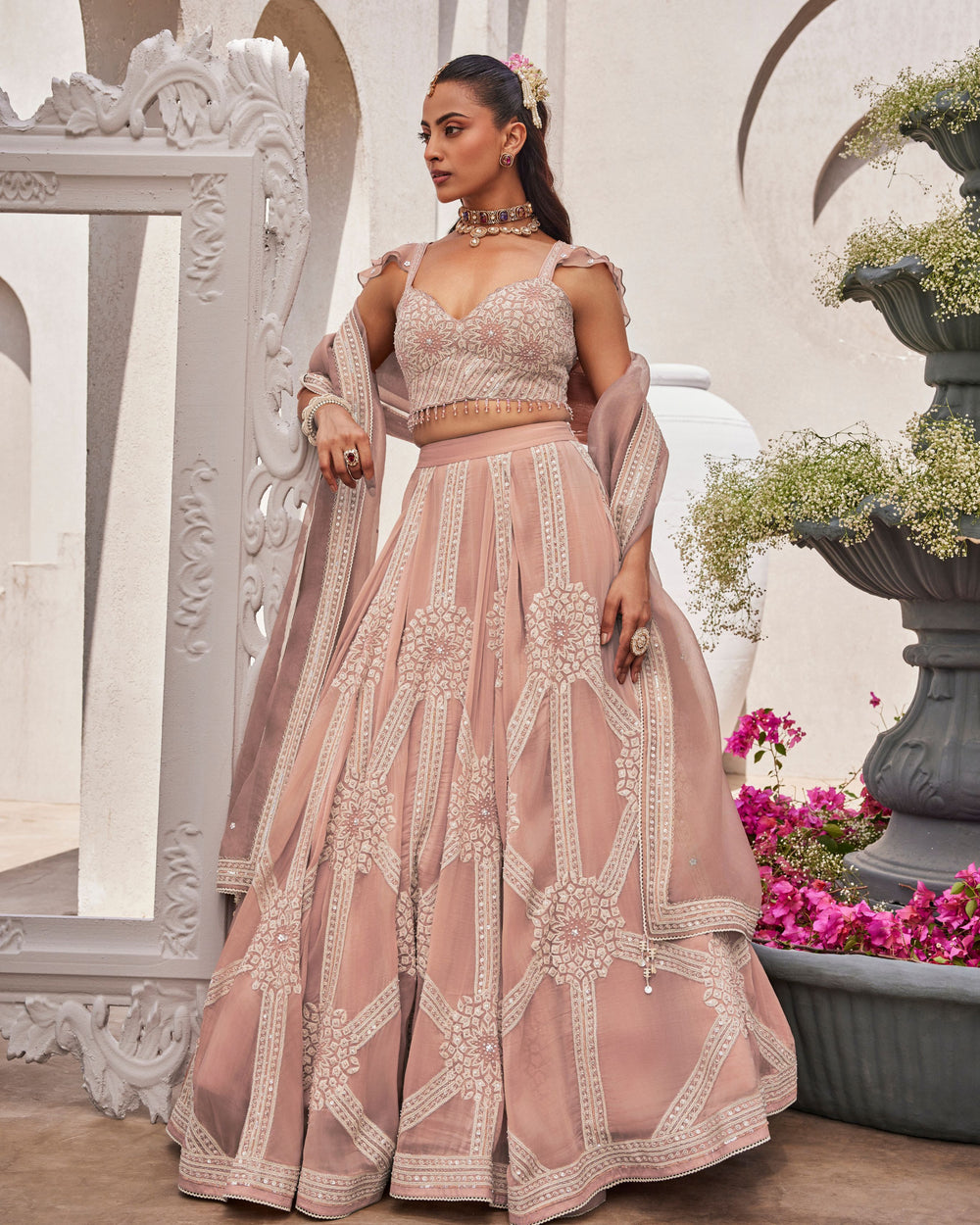 Regal Pink Organza Satin Lehenga