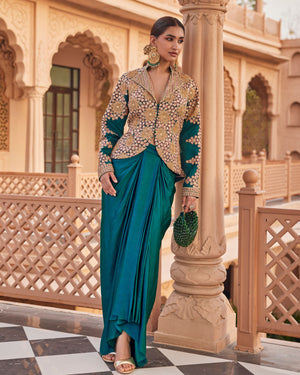 Jewel Bottle Green Raw Silk Blazer Set