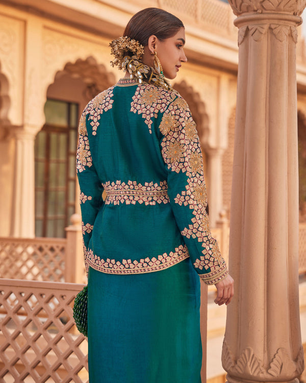 Jewel Bottle Green Raw Silk Blazer Set
