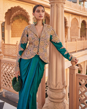Jewel Bottle Green Raw Silk Blazer Set