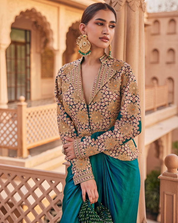 Jewel Bottle Green Raw Silk Blazer Set