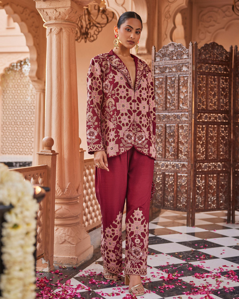 Rustic Deep Maroon Raw Silk Blazer Set