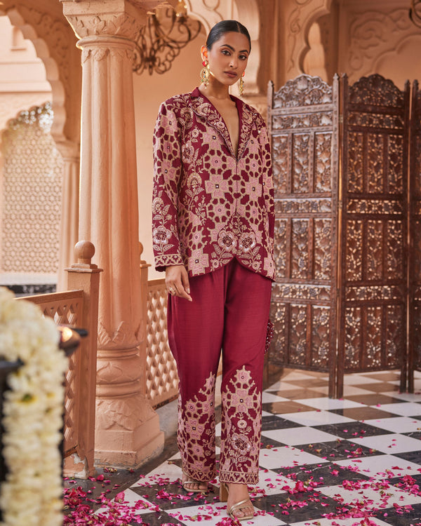 Rustic Deep Maroon Raw Silk Blazer Set