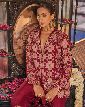 Rustic Deep Maroon Raw Silk Blazer Set
