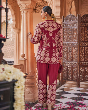 Rustic Deep Maroon Raw Silk Blazer Set
