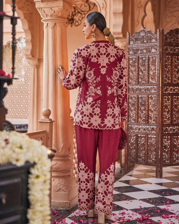 Rustic Deep Maroon Raw Silk Blazer Set