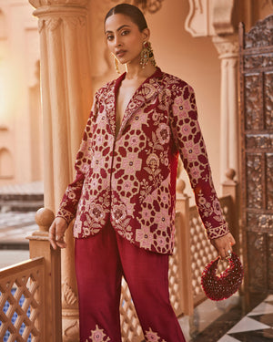 Rustic Deep Maroon Raw Silk Blazer Set