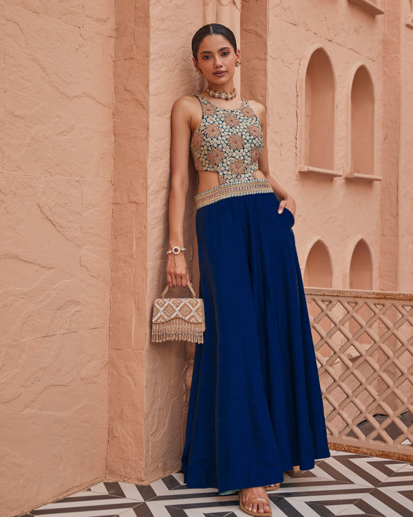 Royal Jade Navy Raw Silk Jumpsuit