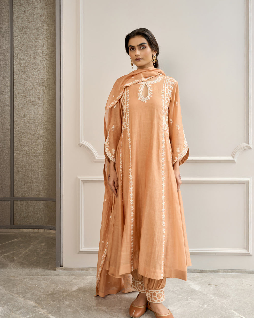 Muted Peach Malai Chanderi Suit Set