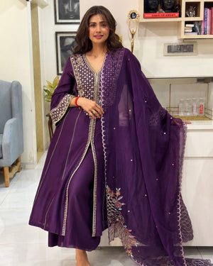 Daisy Shah In Plum Bell Sleeve Heavy Work Chanderi Silk Set
