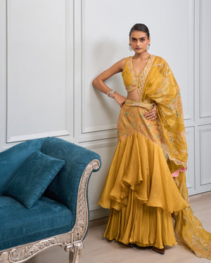 Marigold Ruffled Chiffon Saree