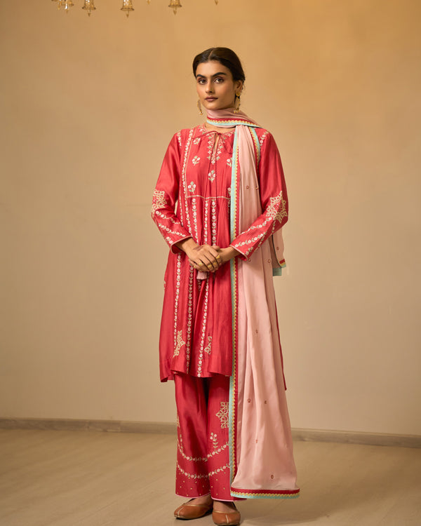 Ruby Red Embroidered Chanderi Suit Set